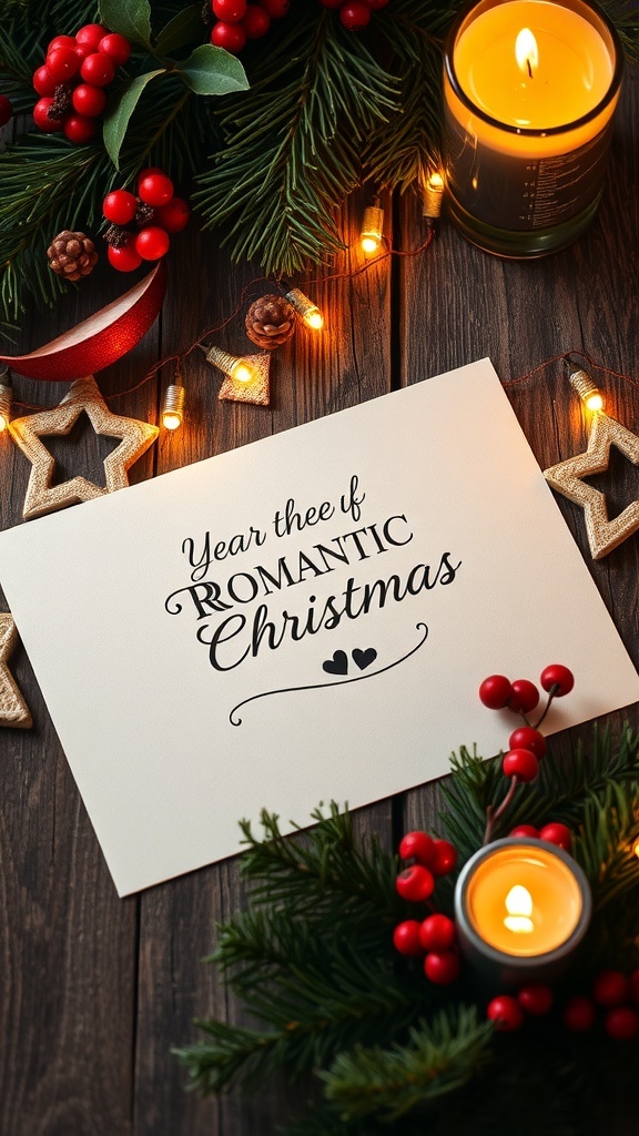 A romantic Christmas card with elegant calligraphy on a wooden table, decorated with pine branches and fairy lights.